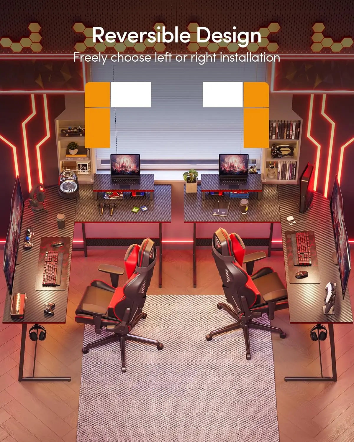 47-Inch L-Shaped Gaming Desk – Carbon Fiber Surface Corner Computer Desk with Large Monitor Stand for Home & Office Setup