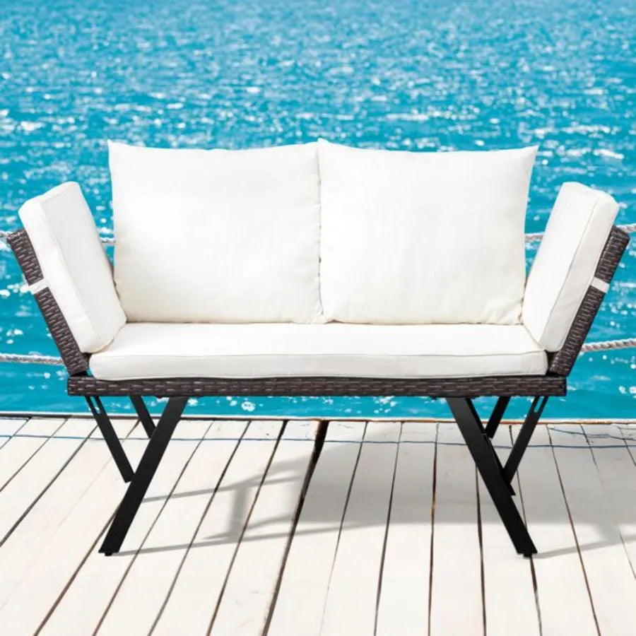 “Outdoor Rattan Sofa – Convertible Daybed or Double Chair with Adjustable Armrests, Cushions & Pillows for Patio & Garden”
