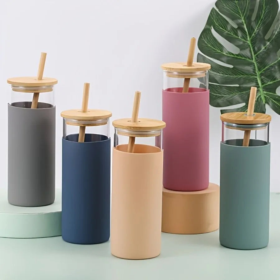 16oz Glass Water Bottle with Bamboo Lid & Straw – Silicone Sleeve, Stylish Reusable Hydration 💧🌿