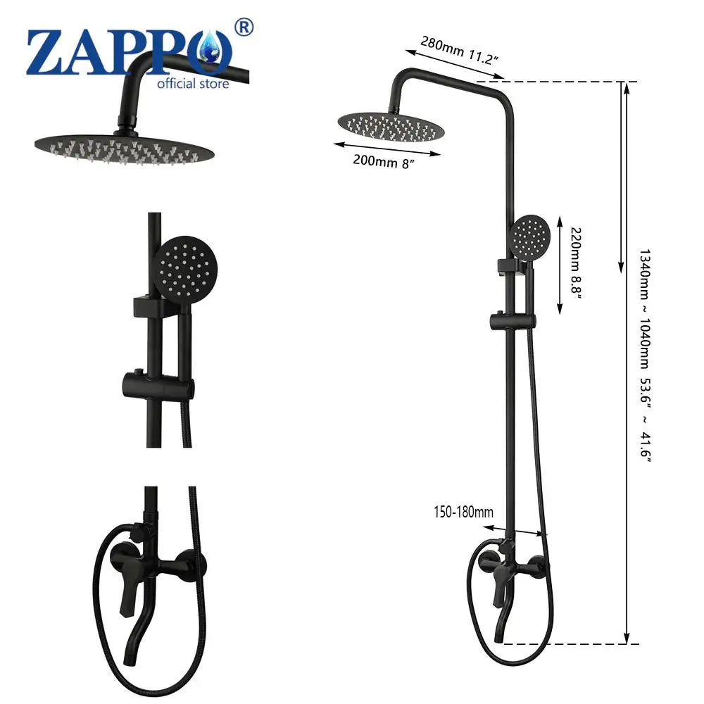 Zappo Matte Black 8-Inch Rainfall Shower Set – Wall-Mounted 3/4-Function System with ABS Shelf
