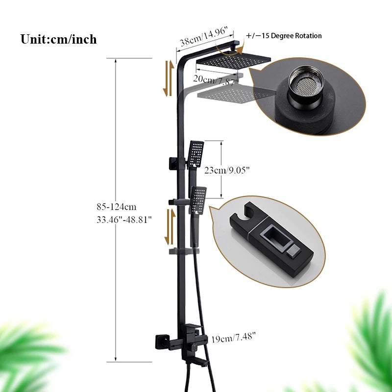 Modern Matte Black Square Rainfall Shower Faucet Set – Wall-Mounted, Single-Handle Mixer, High-Flow 8″ Shower Head