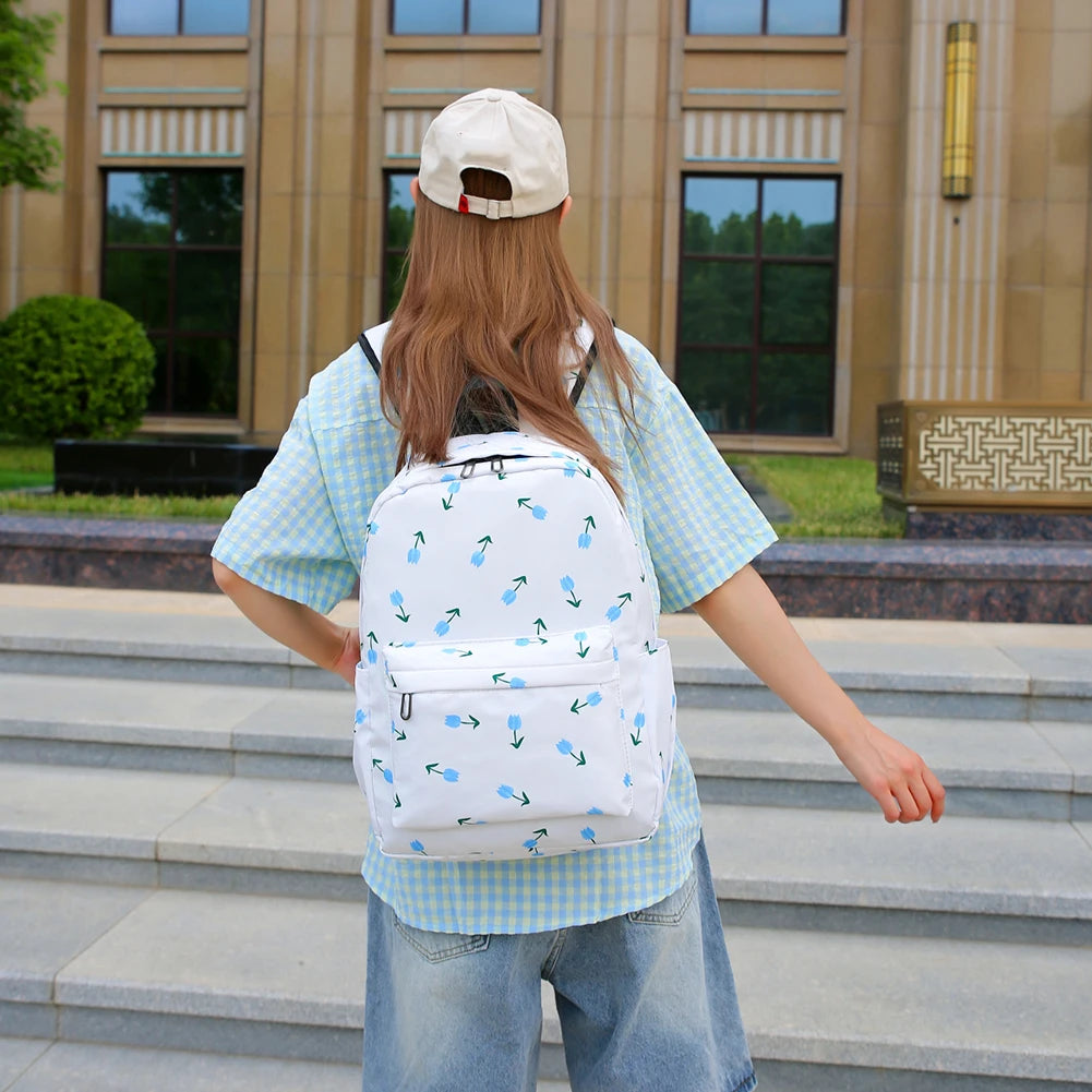 3-Piece Floral Backpack Set for Teenagers – Large Capacity School Bookbag with Lunch Bag & Pen Case