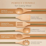 Premium 6-Piece Wooden Cooking Utensil Set with Gold Stainless Steel Handles – Stylish & Nonstick Safe