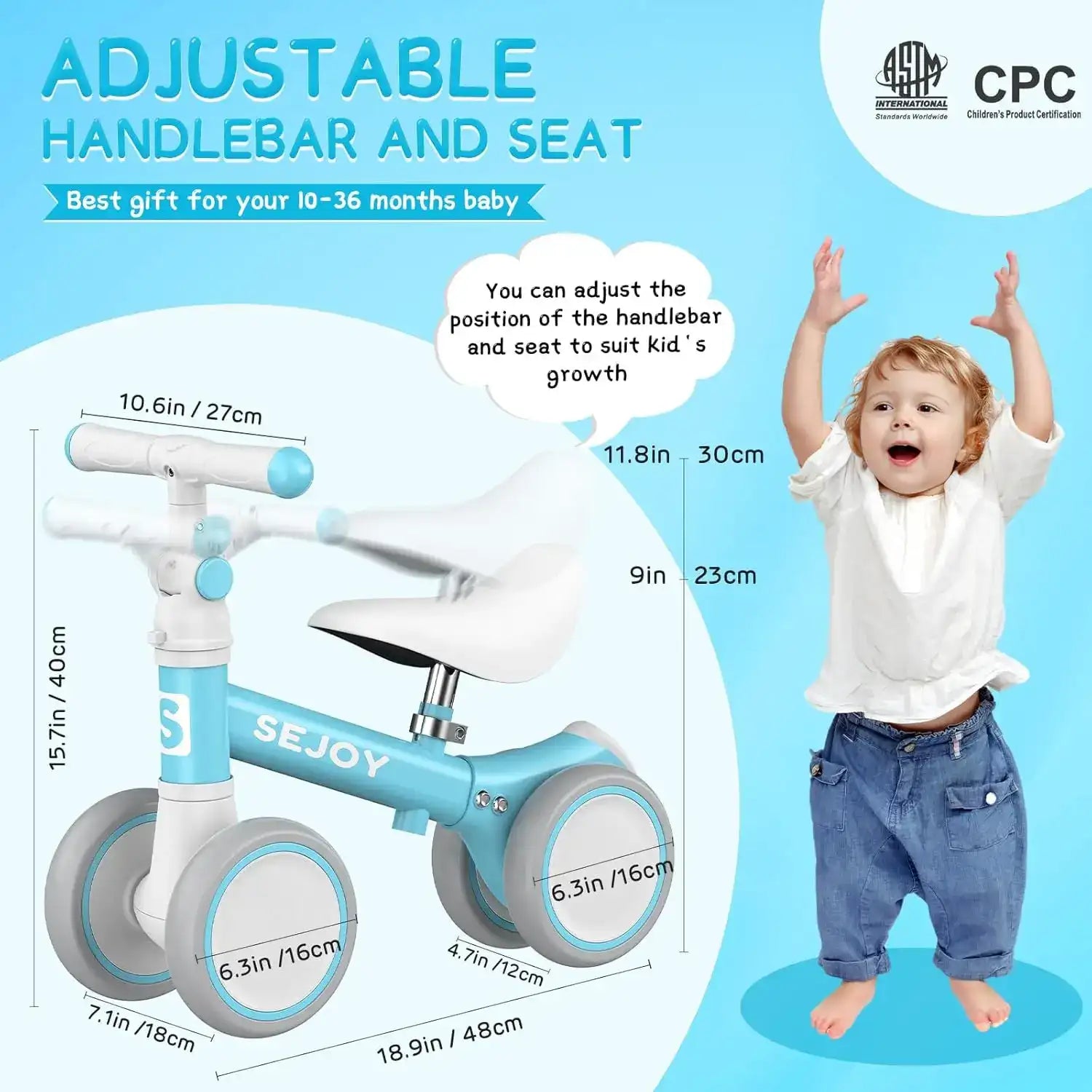 SEJOY Baby Balance Bike – Adjustable Toddler First Walking Bike for Boys & Girls (Seat & Handle Height Adjustable)