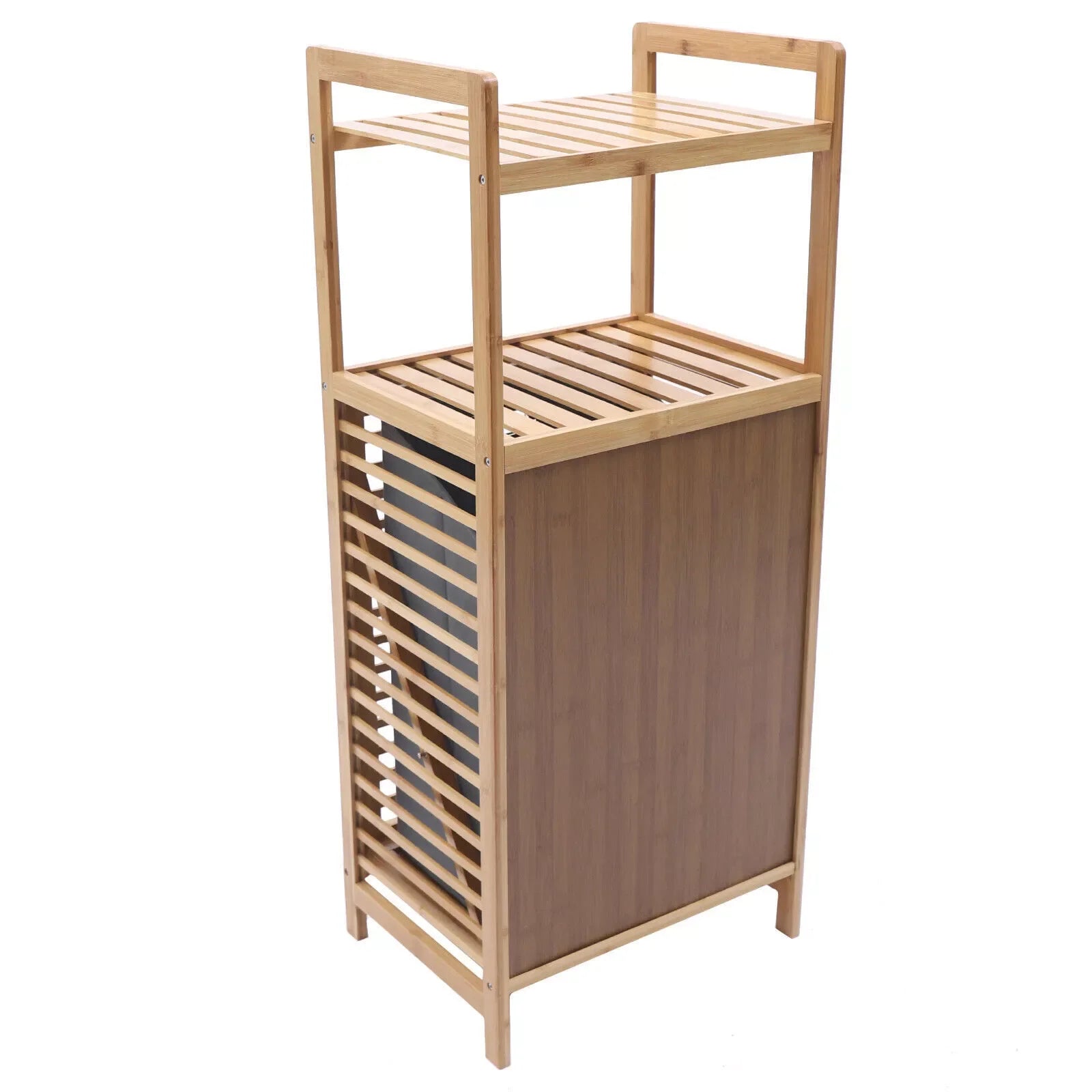 Fabric & Bamboo Laundry Hamper Cabinet – Tilt-Out Basket Storage with 2-Tier Shelf for Bathroom or Bedroom