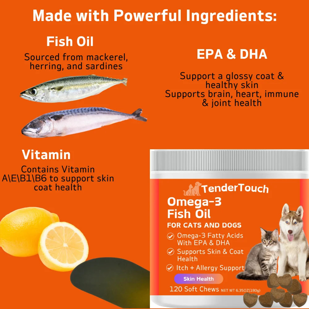 TenderTouch Omega-3 Fish Oil Supplement for Dogs & Cats – 240 Chews (2 × 180g Pack, 360g Total) for Skin, Coat, Joint & Heart Health