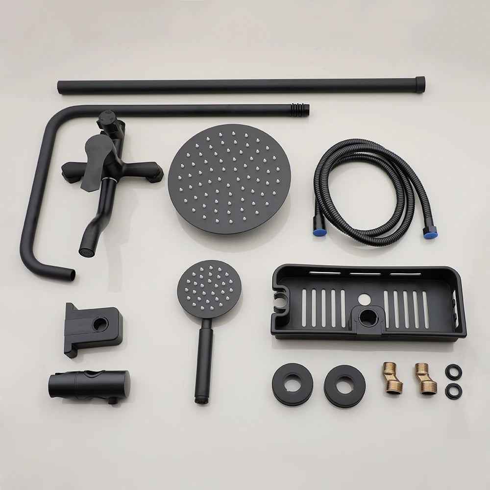 Zappo Matte Black 8-Inch Rainfall Shower Set – Wall-Mounted 3/4-Function System with ABS Shelf