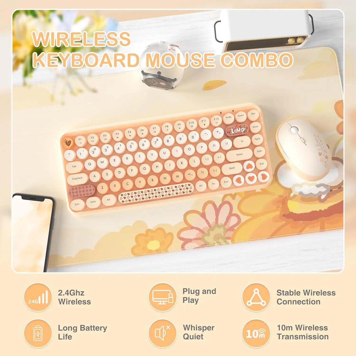 308i Pink Wireless Keyboard and Mouse Set – 2.4G Retro Typewriter Style with Gradient Round Keycaps & Cute Design