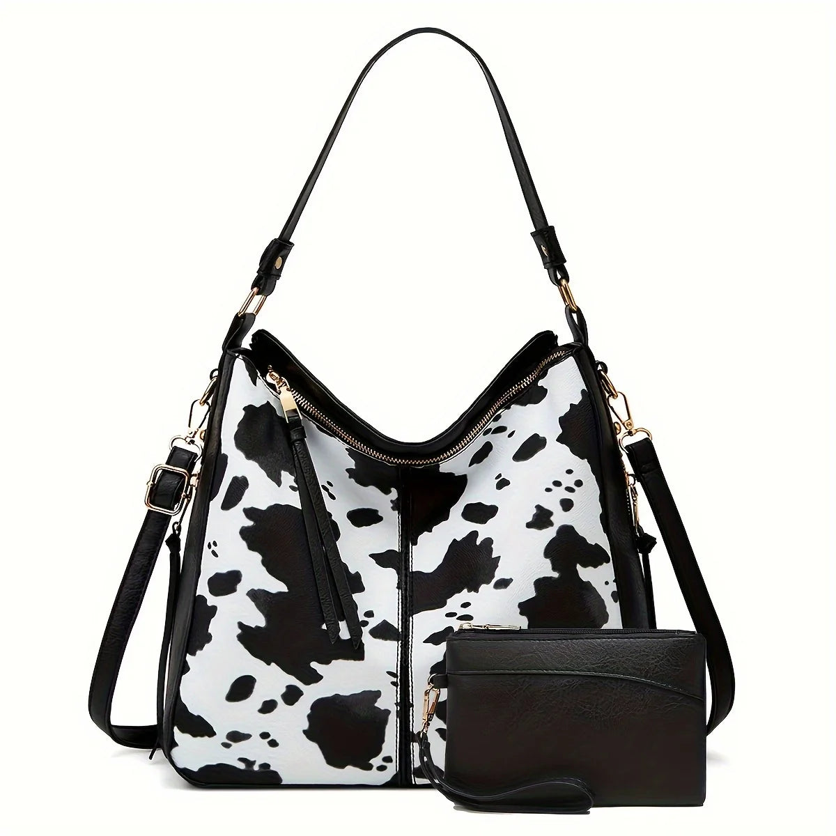2-Piece Cow-Pattern Tote Bag Set for Women – PU Leather Large Shoulder Bags with Multi-Pockets