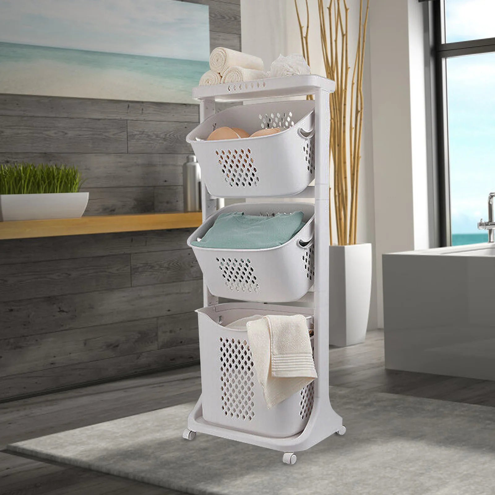 3-Tier Rolling Laundry Hamper Cart – Portable Storage Baskets with Wheels