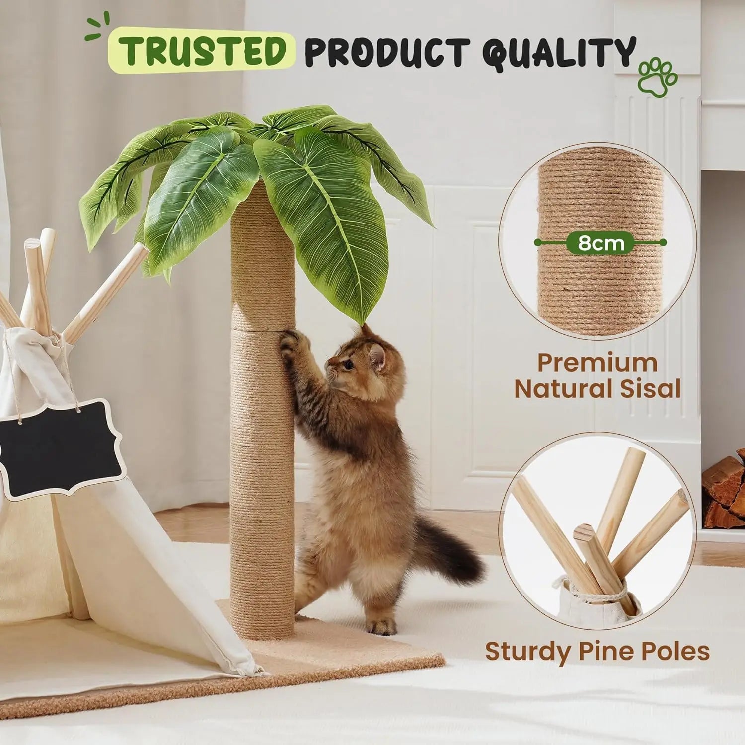 Mewoofun Cat Scratching Post Teepee – 60CM Tall Cat Tree with Simulated Leaves, Pet Bed Tent & Indoor Play House for Cats