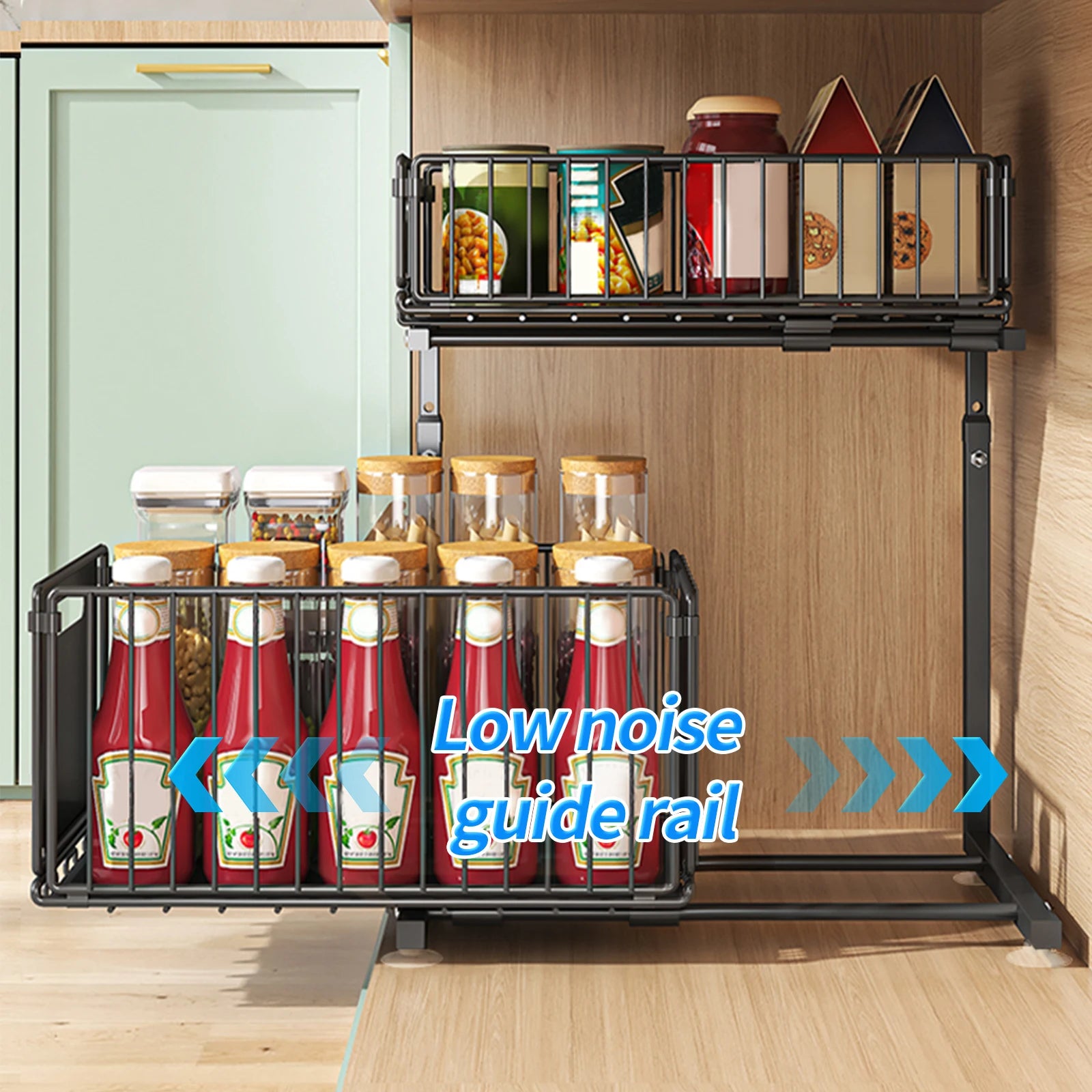 Upgraded Pull-Out Kitchen Cabinet Organizer – Guide Rail Design, Smooth Sliding Storage Rack for Home & Pantry