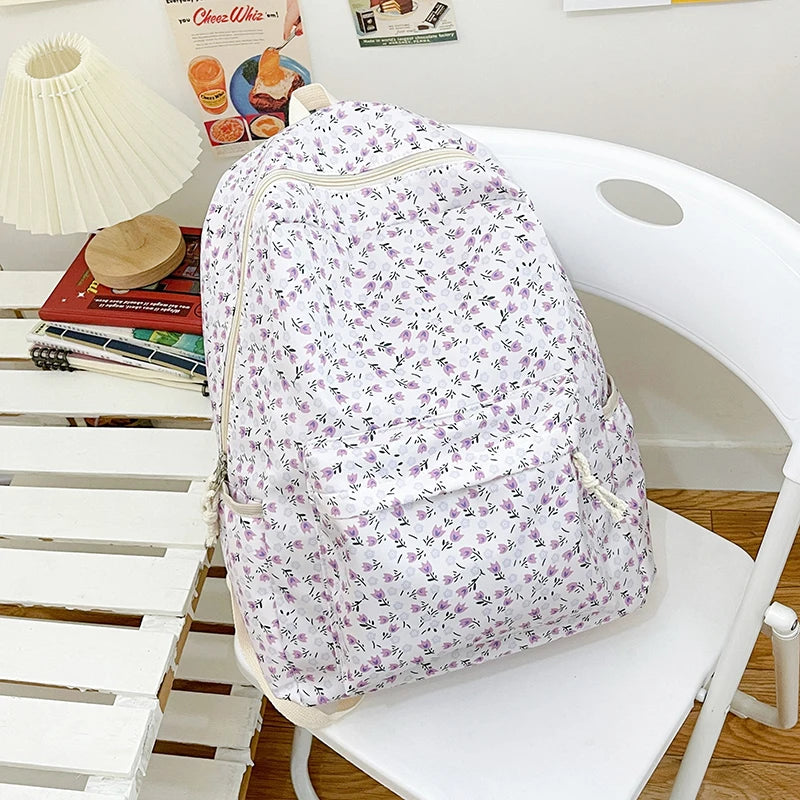 Floral Aesthetic Lightweight School Backpack – Nylon Laptop Bookbag for Teen Girls, Women & Kids | Fashion Study Daypack