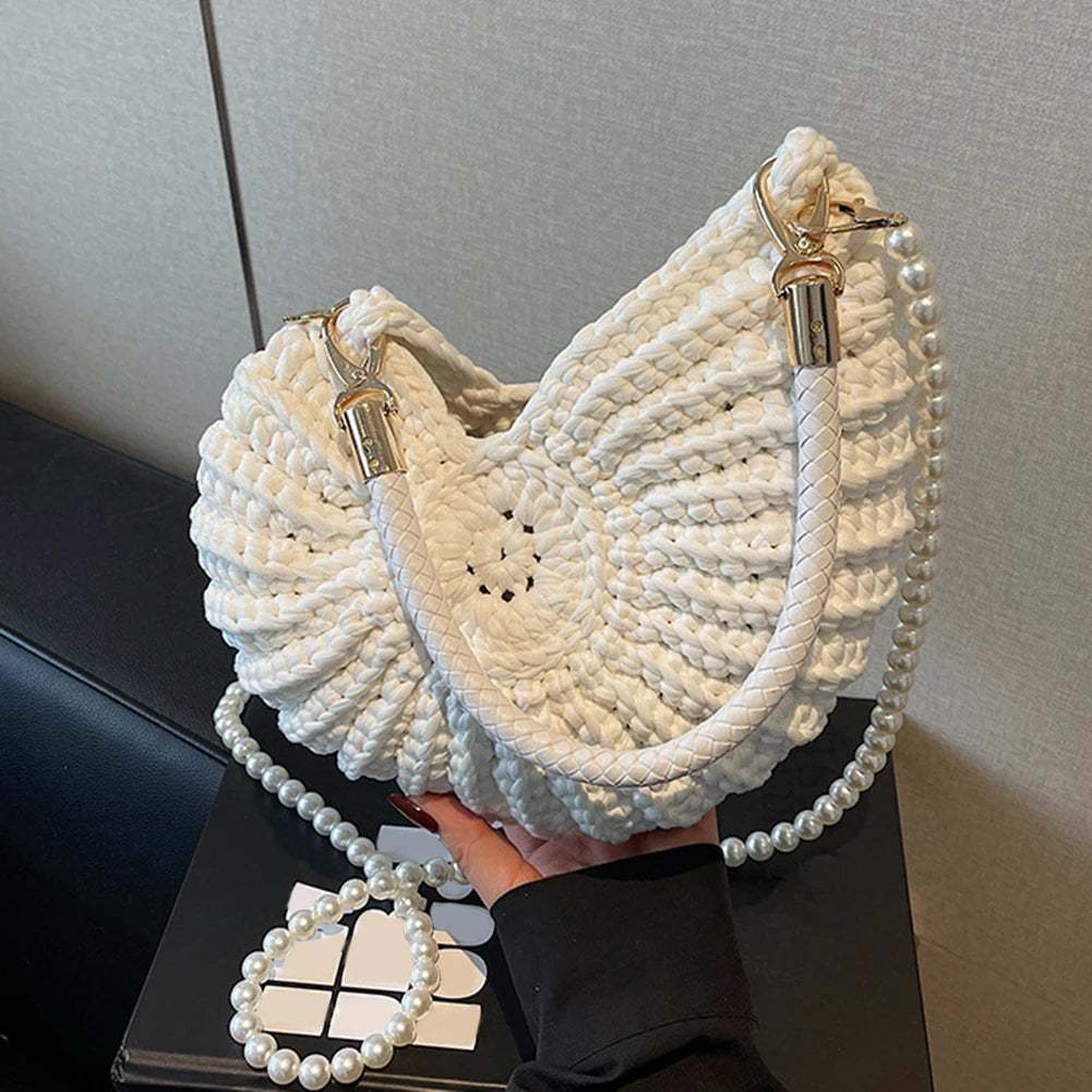 Women’s Handwoven Seashell Beach Bag – Boho Summer Shoulder & Crossbody Clutch with Pearl Chain for Travel & Vacation