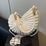 Women’s Handwoven Seashell Beach Bag – Boho Summer Shoulder & Crossbody Clutch with Pearl Chain for Travel & Vacation