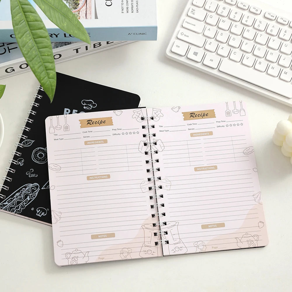 Recipe Journal with Black Cover – Healthy Eating Planner & Personal Cookbook with Stickers (48 Sheets)