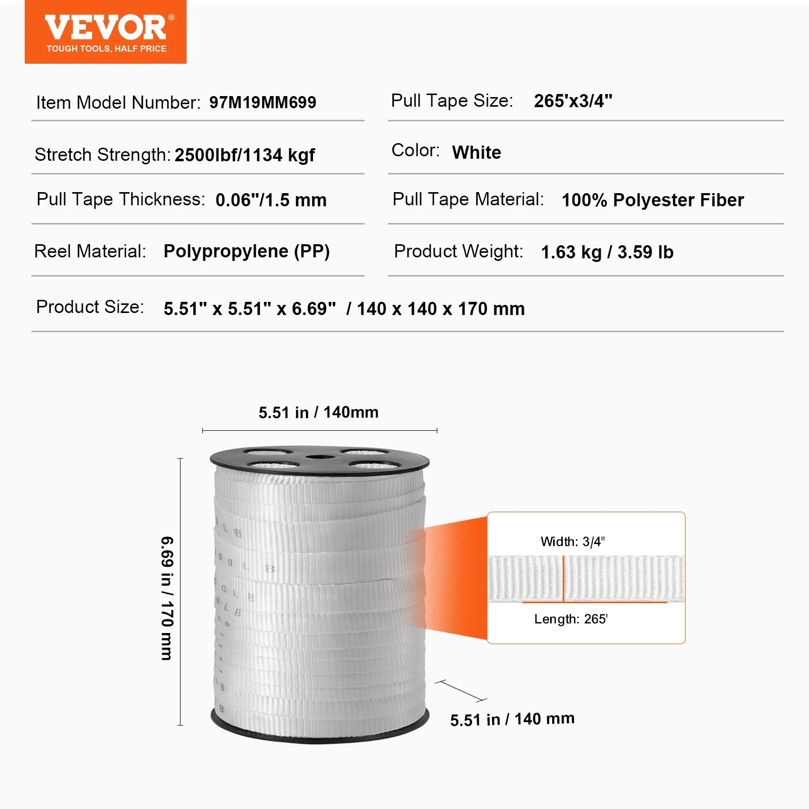 Vevor Polyester Mule Tape – Flat Pulling Webbing, 6000 lbf, 528 ft for Conduit, Packaging & Gardening