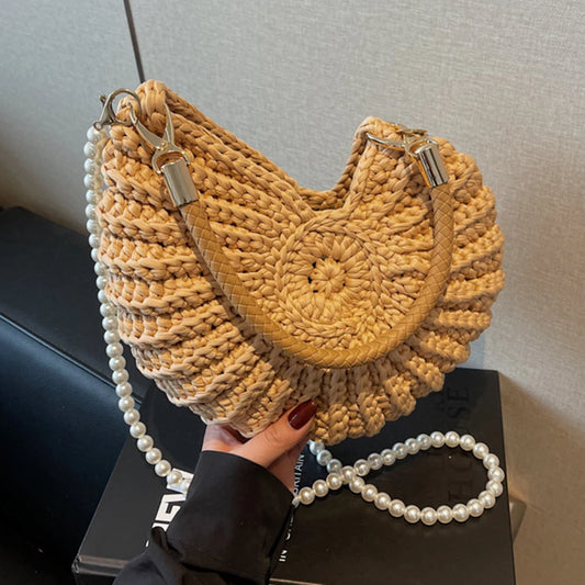 Women’s Handwoven Seashell Beach Bag – Boho Summer Shoulder & Crossbody Clutch with Pearl Chain for Travel & Vacation