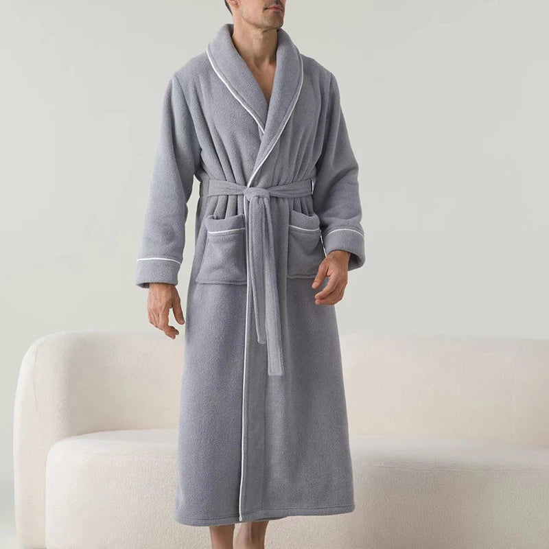 Luxurious Men’s Plush Shawl Collar Bathrobe – Soft Long-Sleeve Belted Spa Robe for Warmth & Style