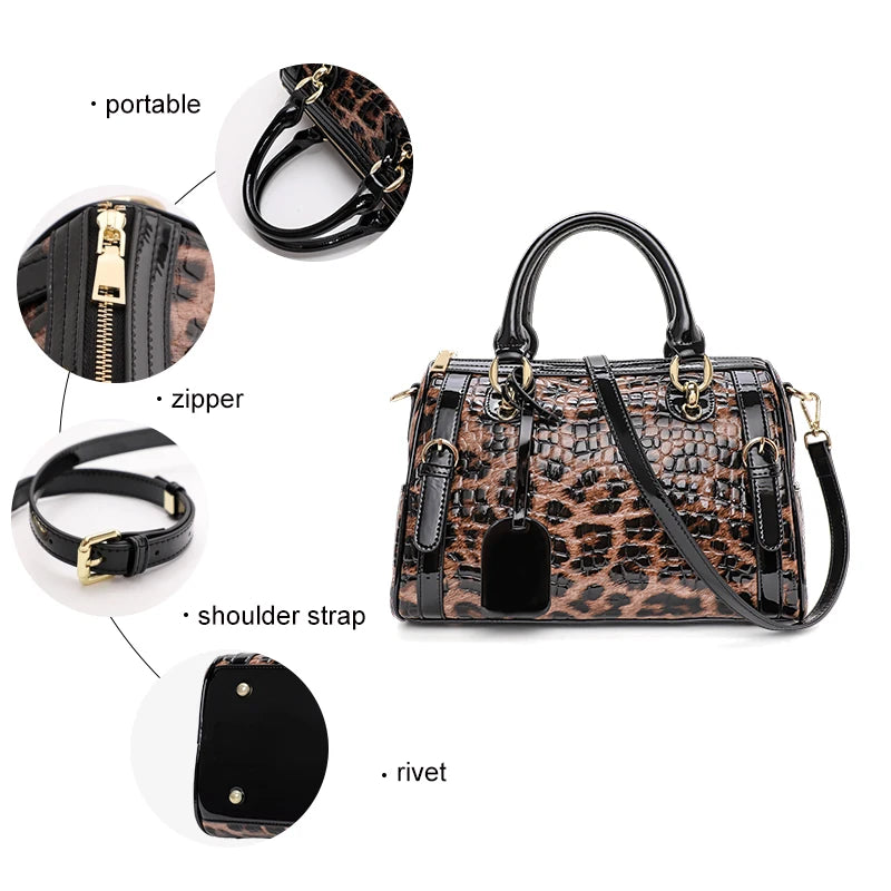 Luxury Leopard Print Cowhide Handbag for Women – Large Capacity Shoulder Bag