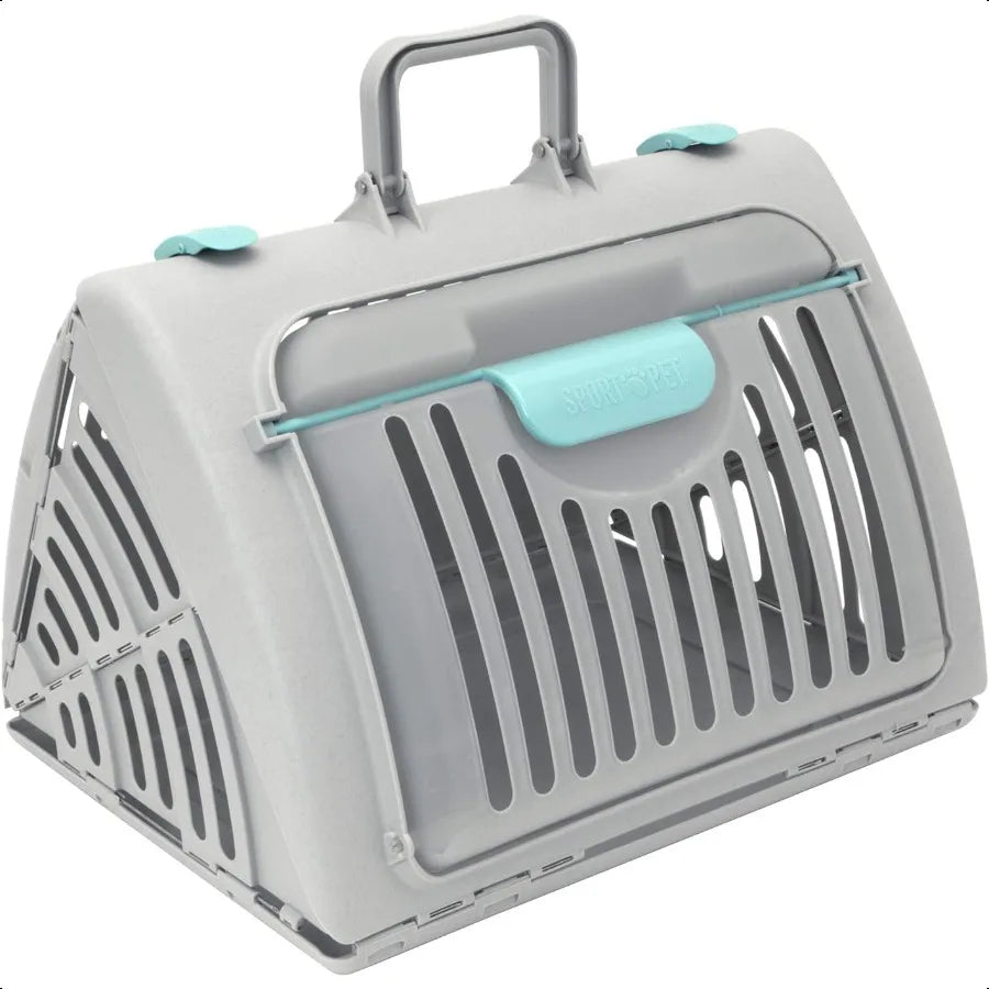 Sport Pet Foldable Travel Cat Carrier – Collapsible Plastic Crate with Front Door & Waterproof Bed, Gray