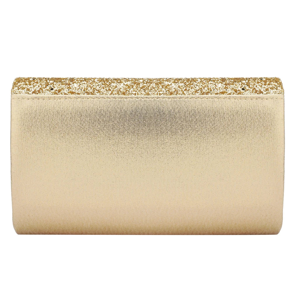 Gold V‑Design Metal‑Chain Glitter Sequined Evening Clutch Bag
