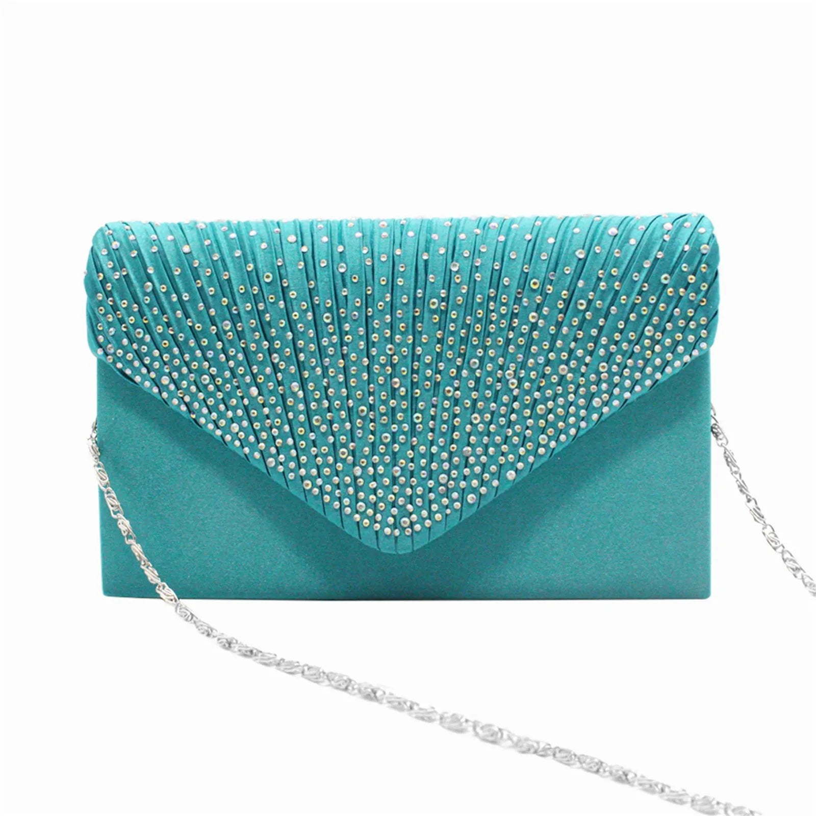 Women’s Satin Rhinestone Clutch – Elegant Evening Shoulder Bag with Thin Chain for Parties, Banquets & Weddings