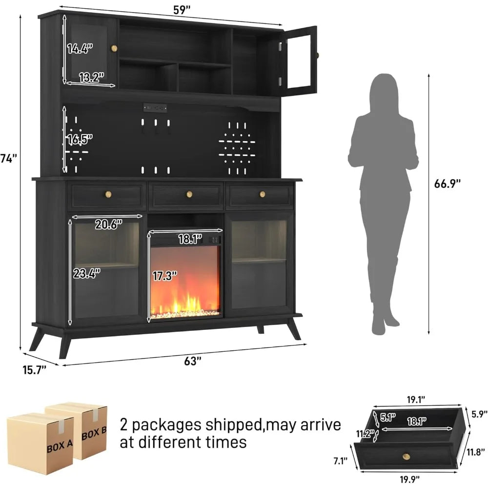 4" Wine Bar Cabinet with Fireplace – LED Lights, Power Outlets & Sliding Doors, Kitchen Pantry Storage