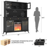 4" Wine Bar Cabinet with Fireplace – LED Lights, Power Outlets & Sliding Doors, Kitchen Pantry Storage