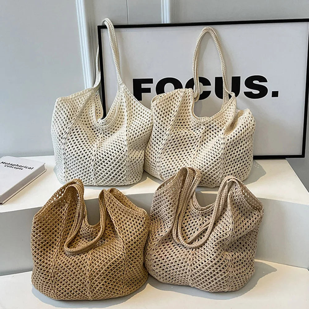 Women’s Knitted Shoulder Tote – Large-Capacity Crochet Underarm Bag, Summer Mesh Beach Hobo Handbag