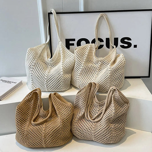 Women’s Knitted Shoulder Tote – Large-Capacity Crochet Underarm Bag, Summer Mesh Beach Hobo Handbag