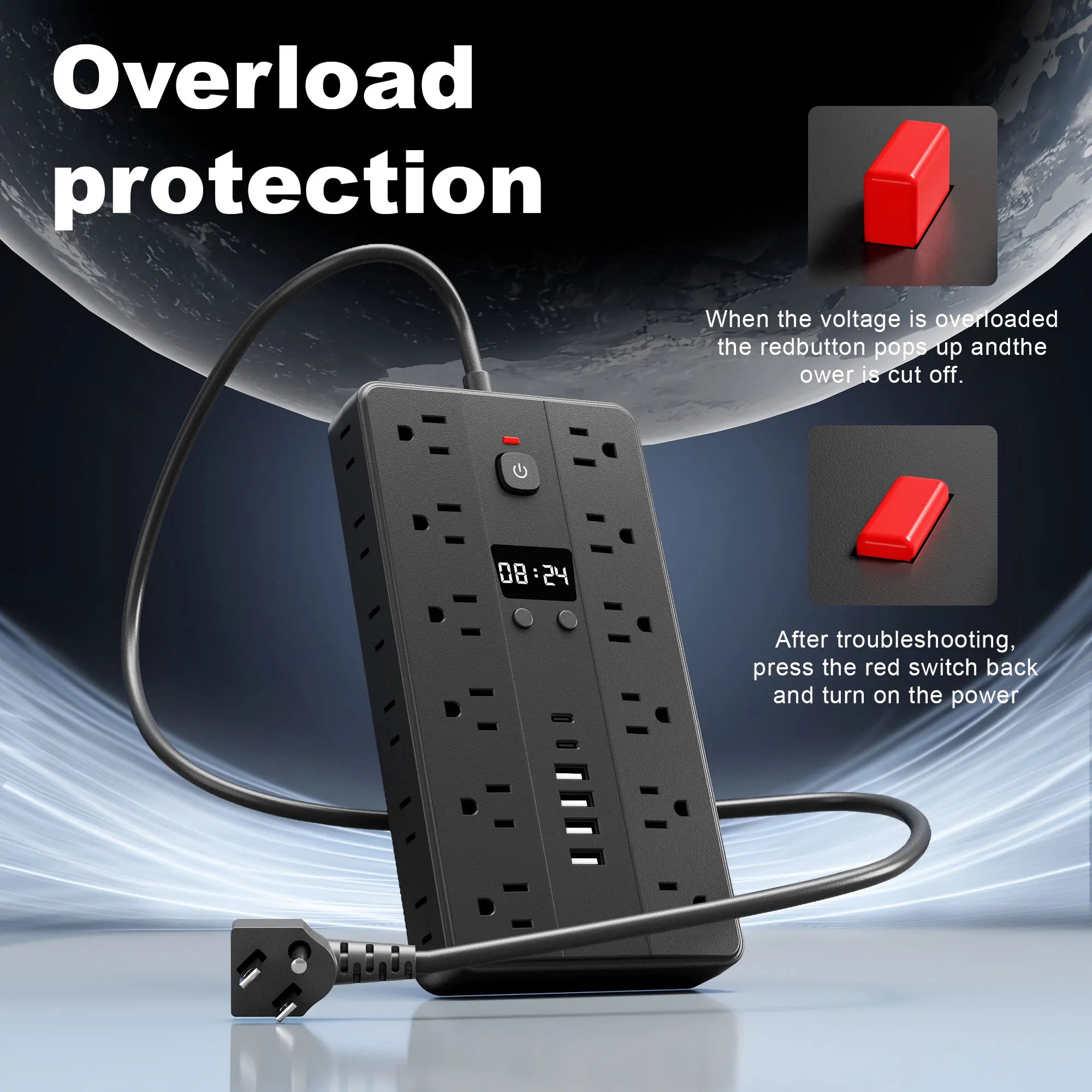 31-in-1 Multifunctional Power Socket – 3-Sided Power Strip with Time Display, 24 AC Outlets, 6 USB Ports & 2 USB-C Fast Charging Ports