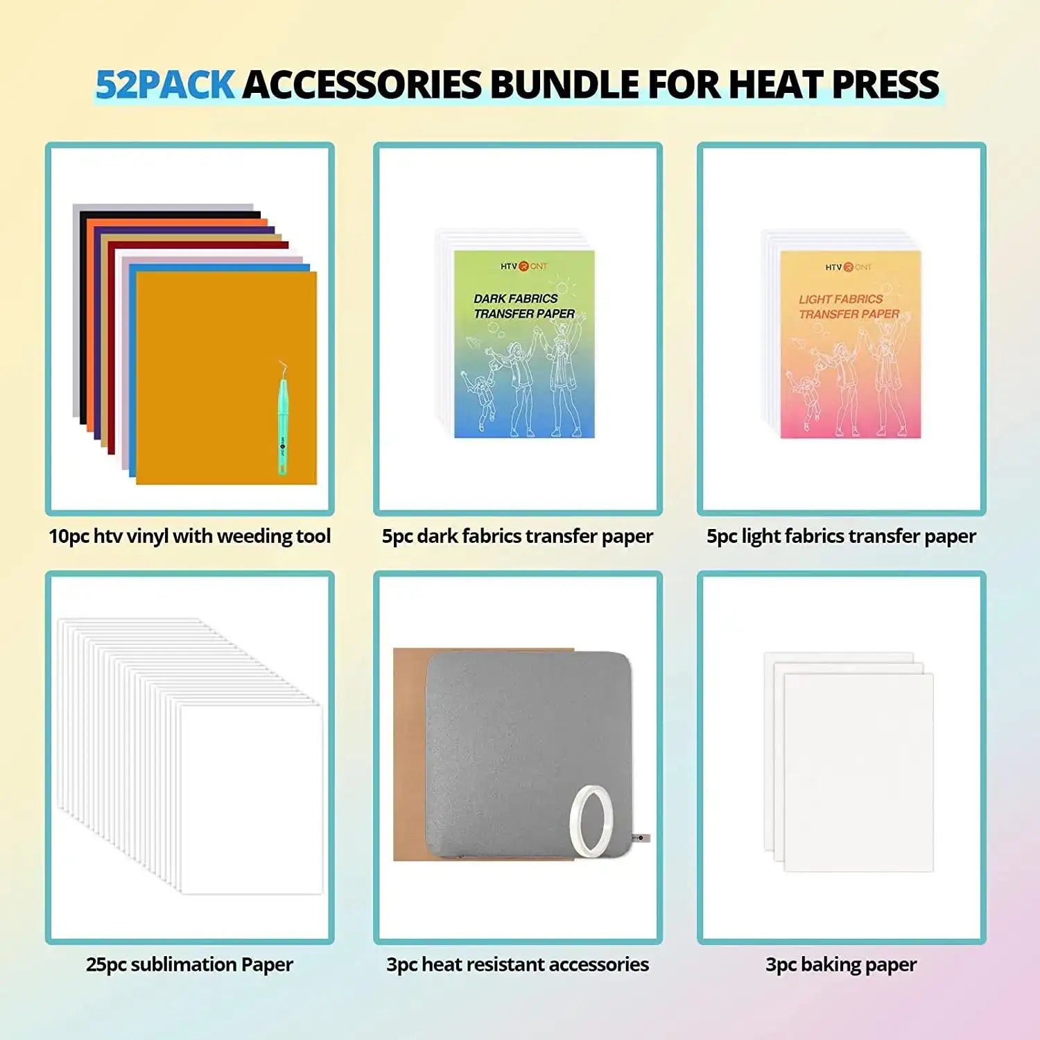 HTVRONT Heat Press Accessories Kit (52pcs) – Sublimation & T-Shirt Printing Starter Set for Cricut, HTV & DIY Clothing