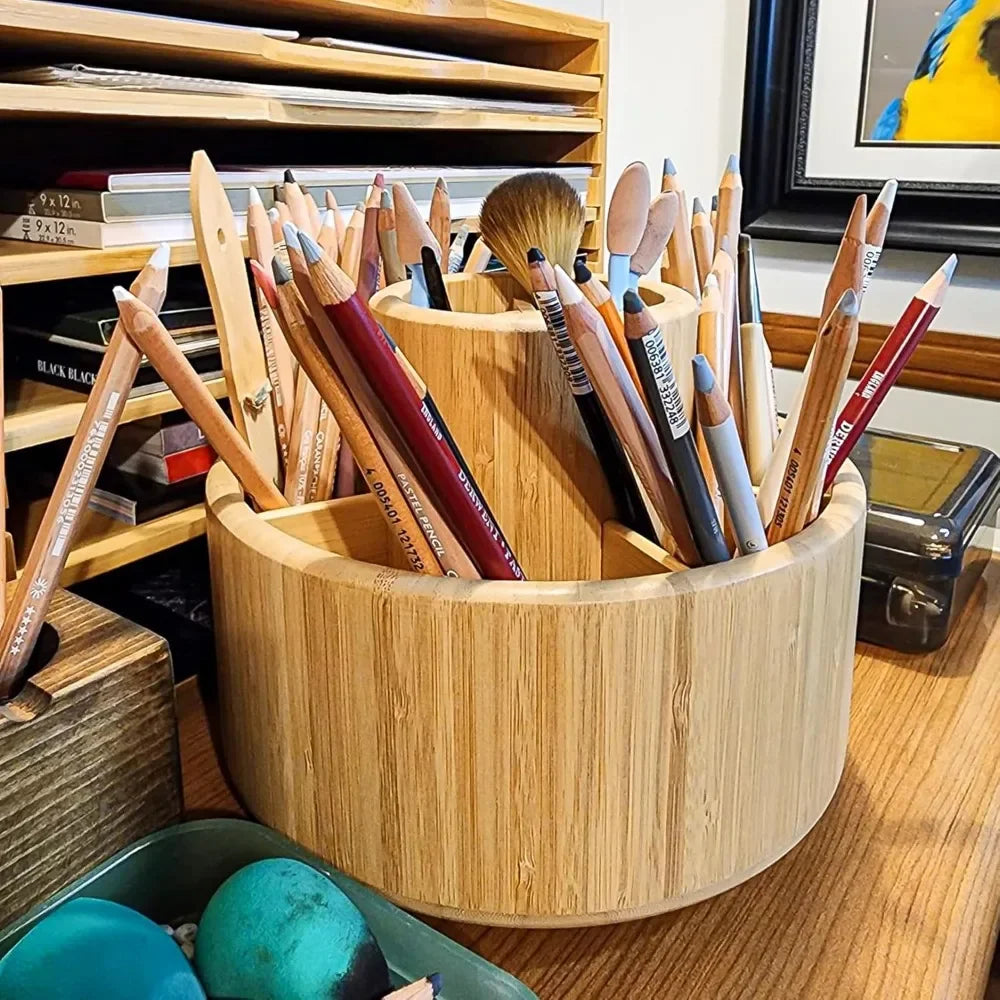 Bamboo 360° Rotating Pen Holder Organizer – Desk Art Supplies Storage for Colored Pencils & Brushes