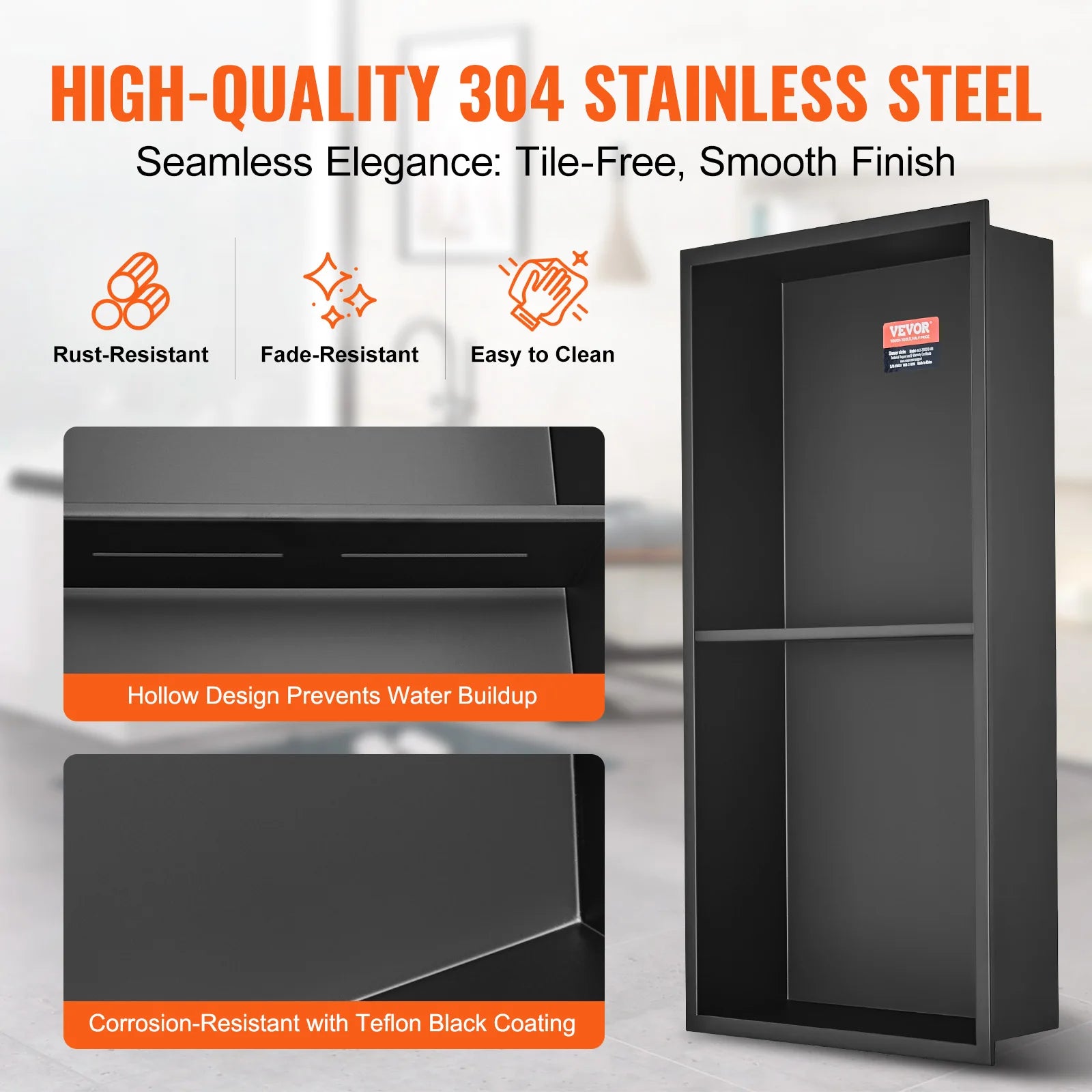 No-Tile 304 Stainless Steel Recessed Shower Niche – Double Shelf Wall Insert