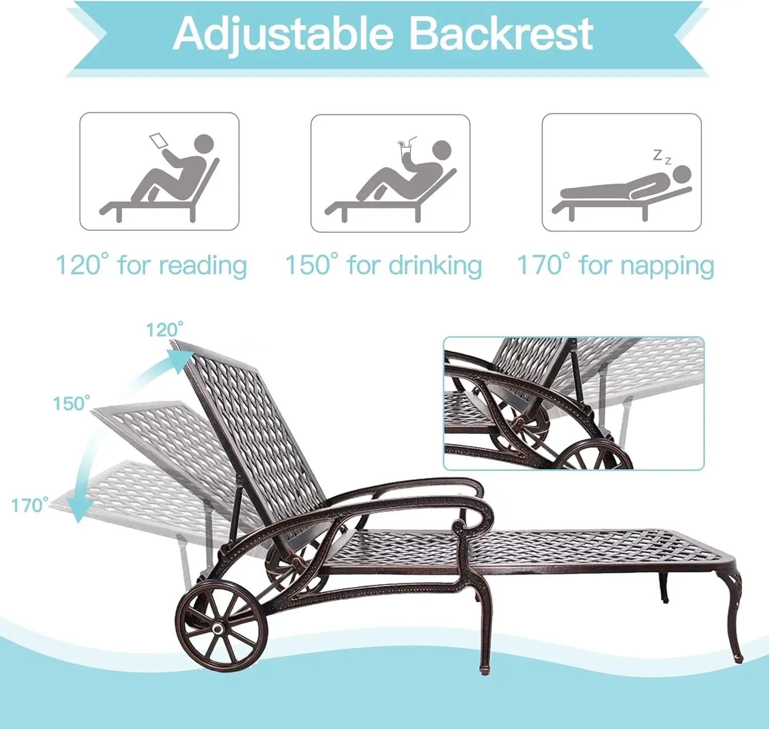 Outdoor Chaise Lounge Chair Set of 2 – Cast Aluminum Poolside Loungers with Adjustable Backrest & Moveable Design | All-Weather Tanning Chairs