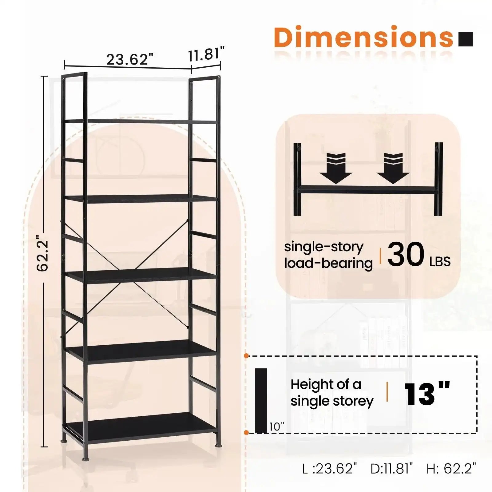 JHK 5 Tier Bookcase Bookshelf Modern Book Case For Books Corner Storage Organizer for Bedroom Home Office Kitchen Living Room - PulinGO