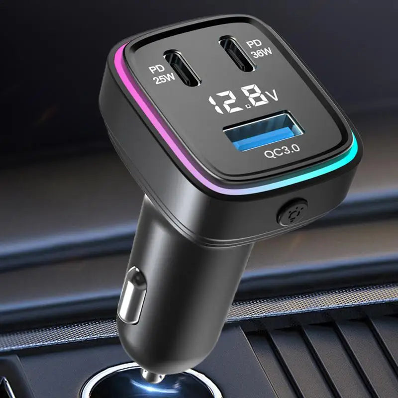 3-Port Car Phone Charger – Fast Charging USB-C & Dual USB Adapter with LED Voltage Display for Cars & SUVs