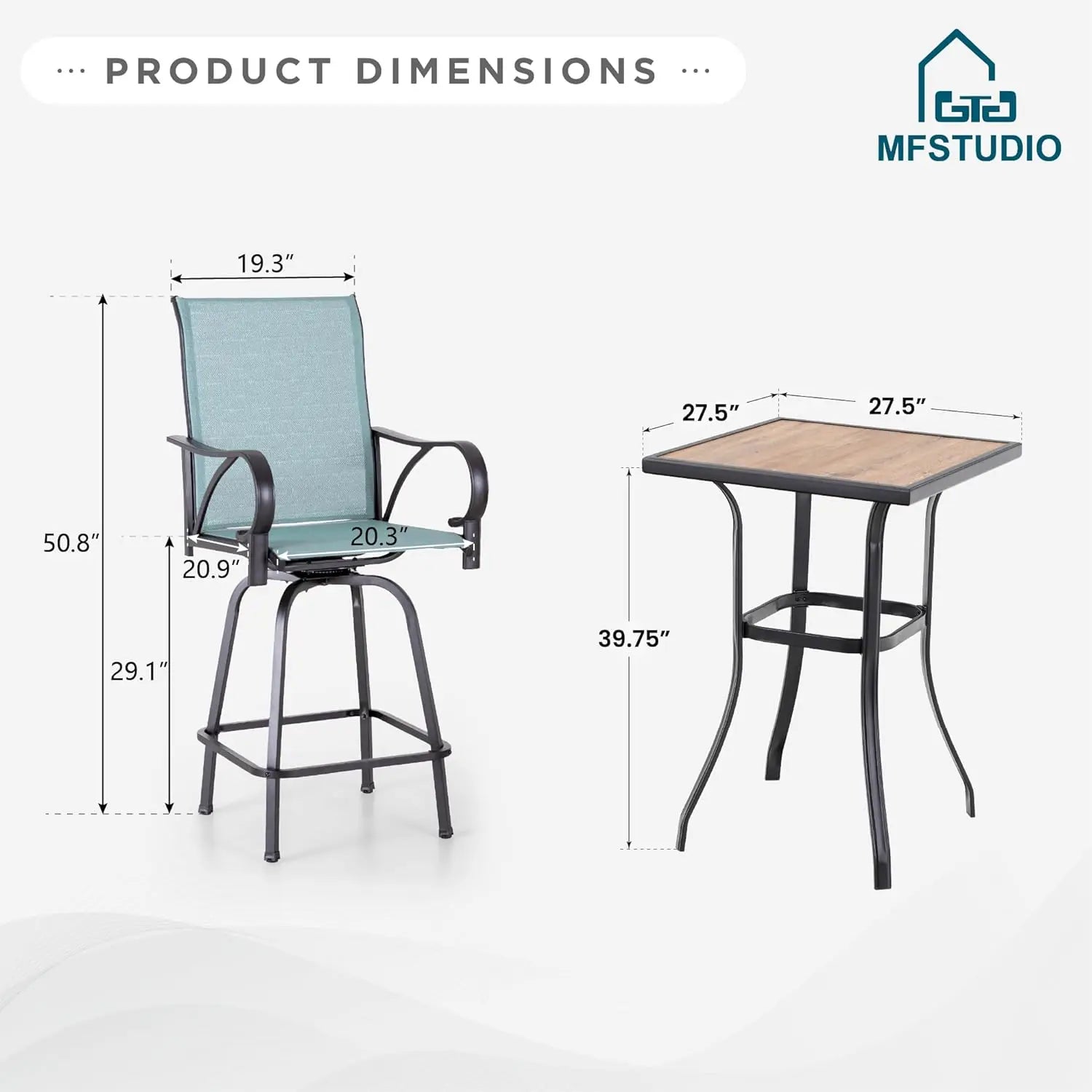 “5-Piece Outdoor High-Top Bar Set – Waterproof Bar-Height Table & 4 Chairs Bistro Patio Set in Light Blue”