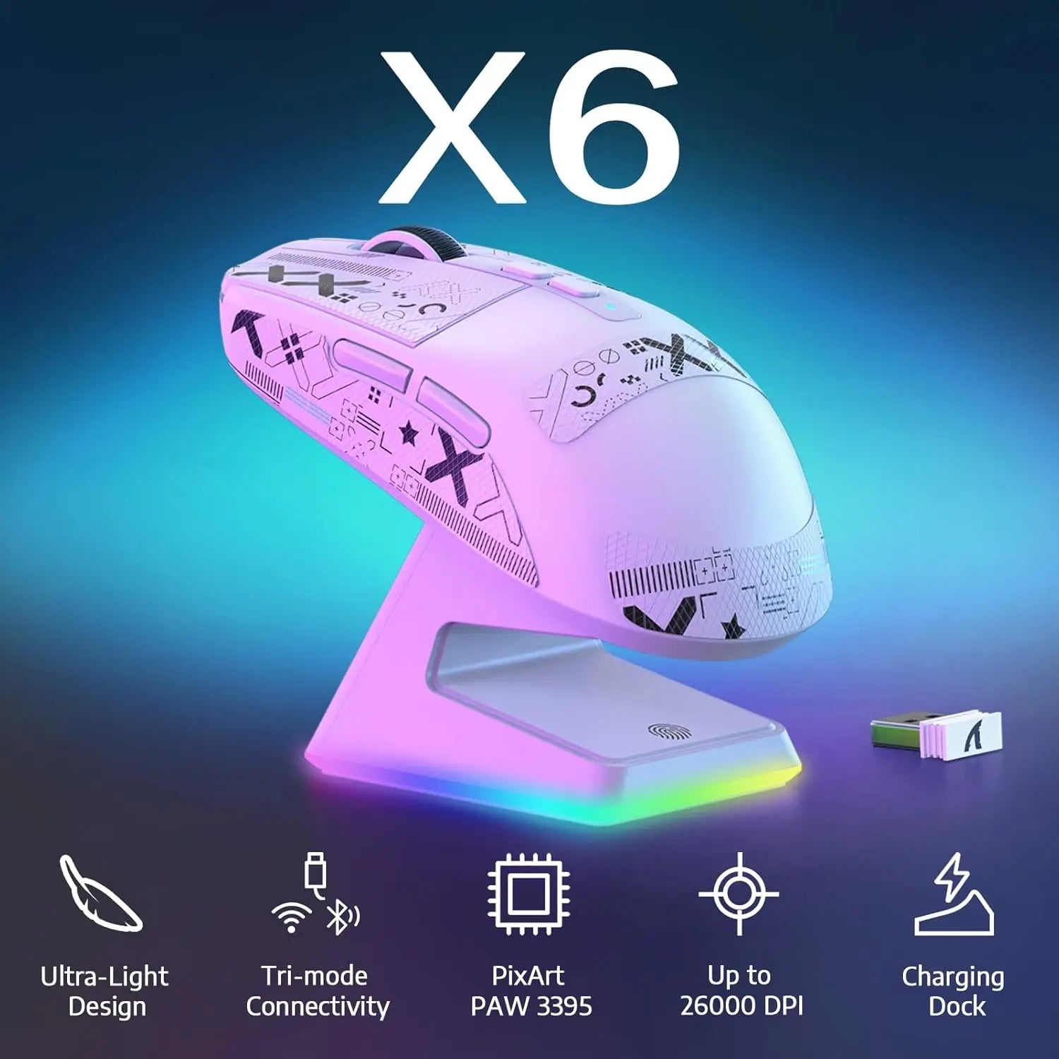 MambaSnake X Attack Shark X6 – Superlight 49 g Gaming Mouse with Adjustable 26K DPI Sensor & Magnetic RGB Dock