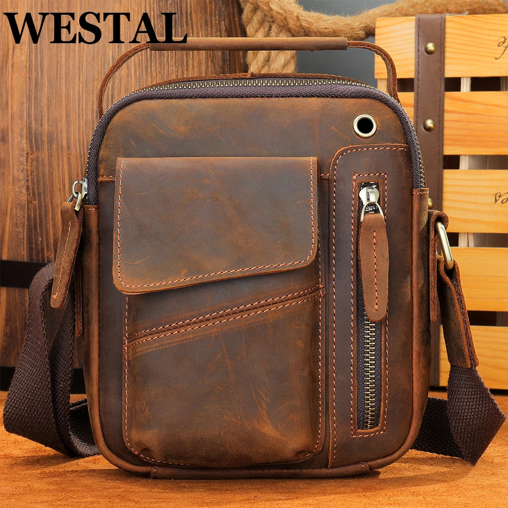 WESTAL Crazy Horse Leather Men’s Shoulder Bag – Vintage Crossbody Messenger Bag with USB Charging Port