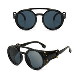 Steampunk Shield Sunglasses – Classic Round Retro Shades with Side Leather Panels & UV400 Protection (Unisex)