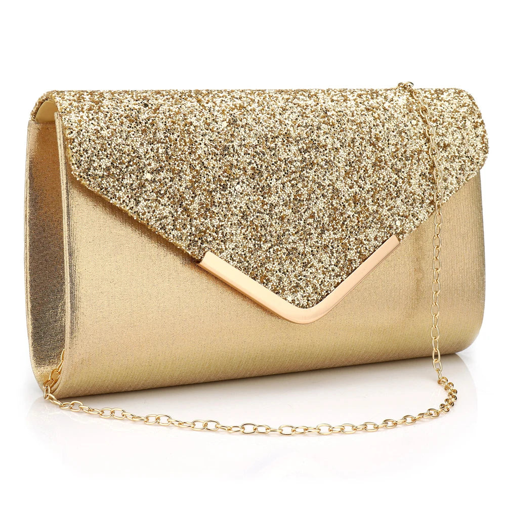 Gold V‑Design Metal‑Chain Glitter Sequined Evening Clutch Bag
