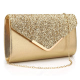 Gold V‑Design Metal‑Chain Glitter Sequined Evening Clutch Bag