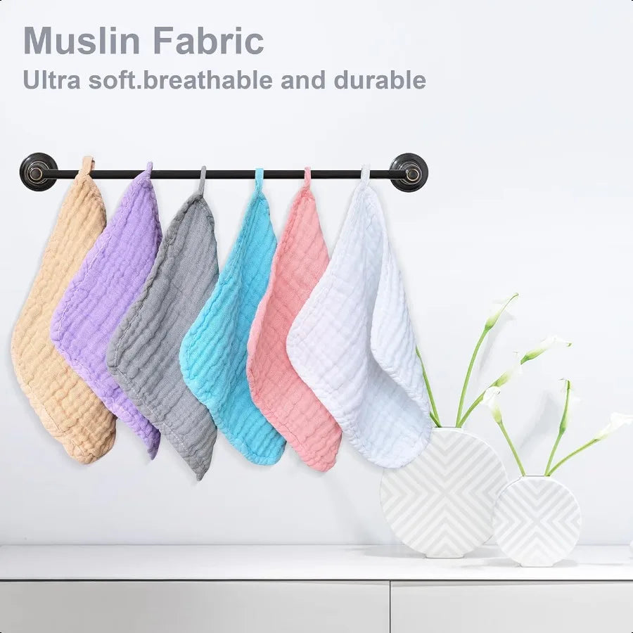 12-Pack Baby Muslin Washcloths – Soft & Absorbent Face Cloths for Newborn Bath, Wipes & Burp Rags