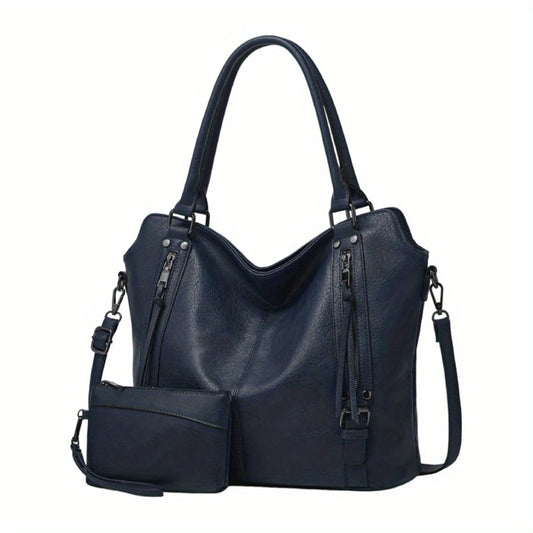 Women’s 2-Piece Tote & Crossbody Set – Large PU Leather Shoulder Bag + Matching Clutch with Cow-Pattern Accents