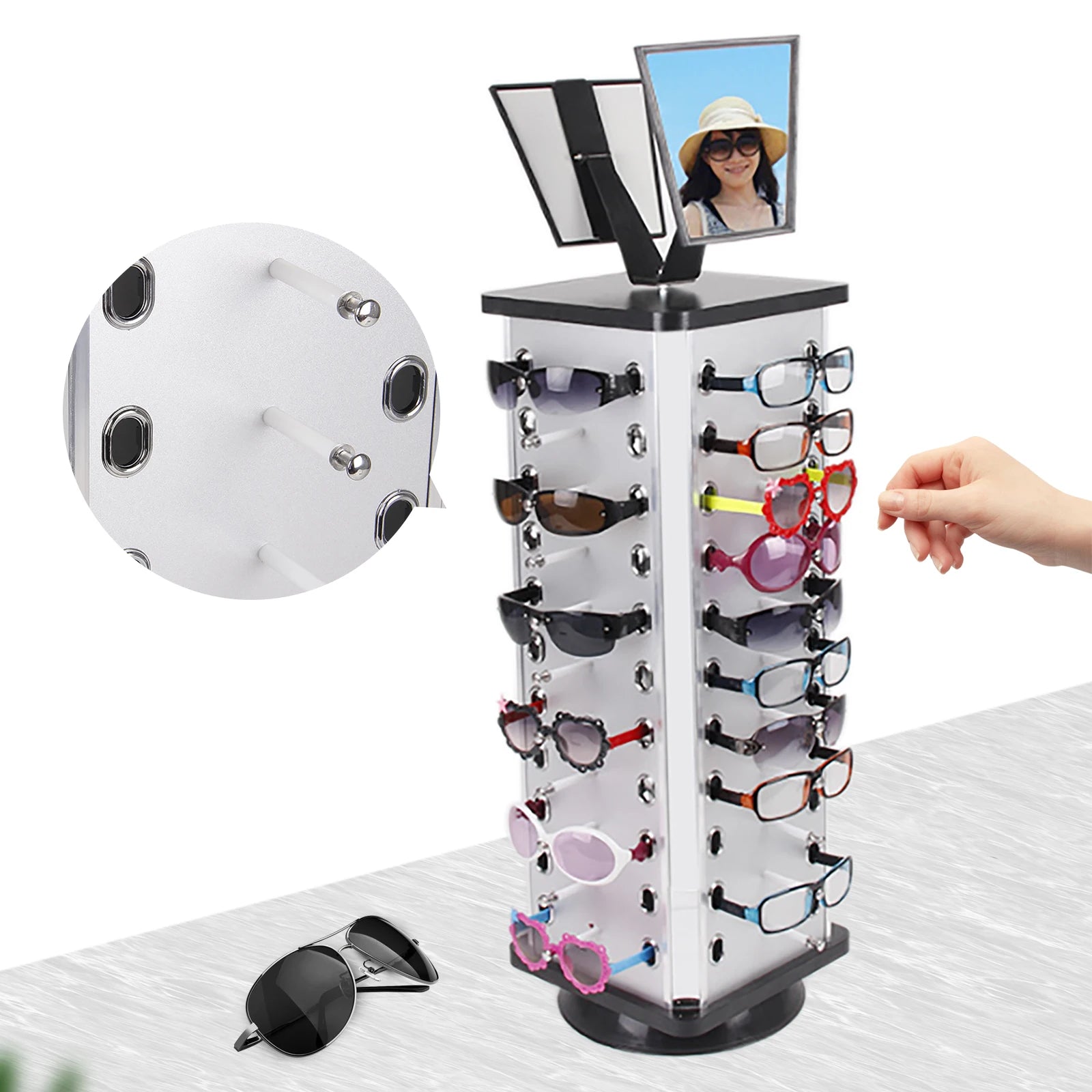 Rotating Sunglass Stand – 44-Pair Glasses Display Rack with Mirror for Commercial & Home Eyewear Organization