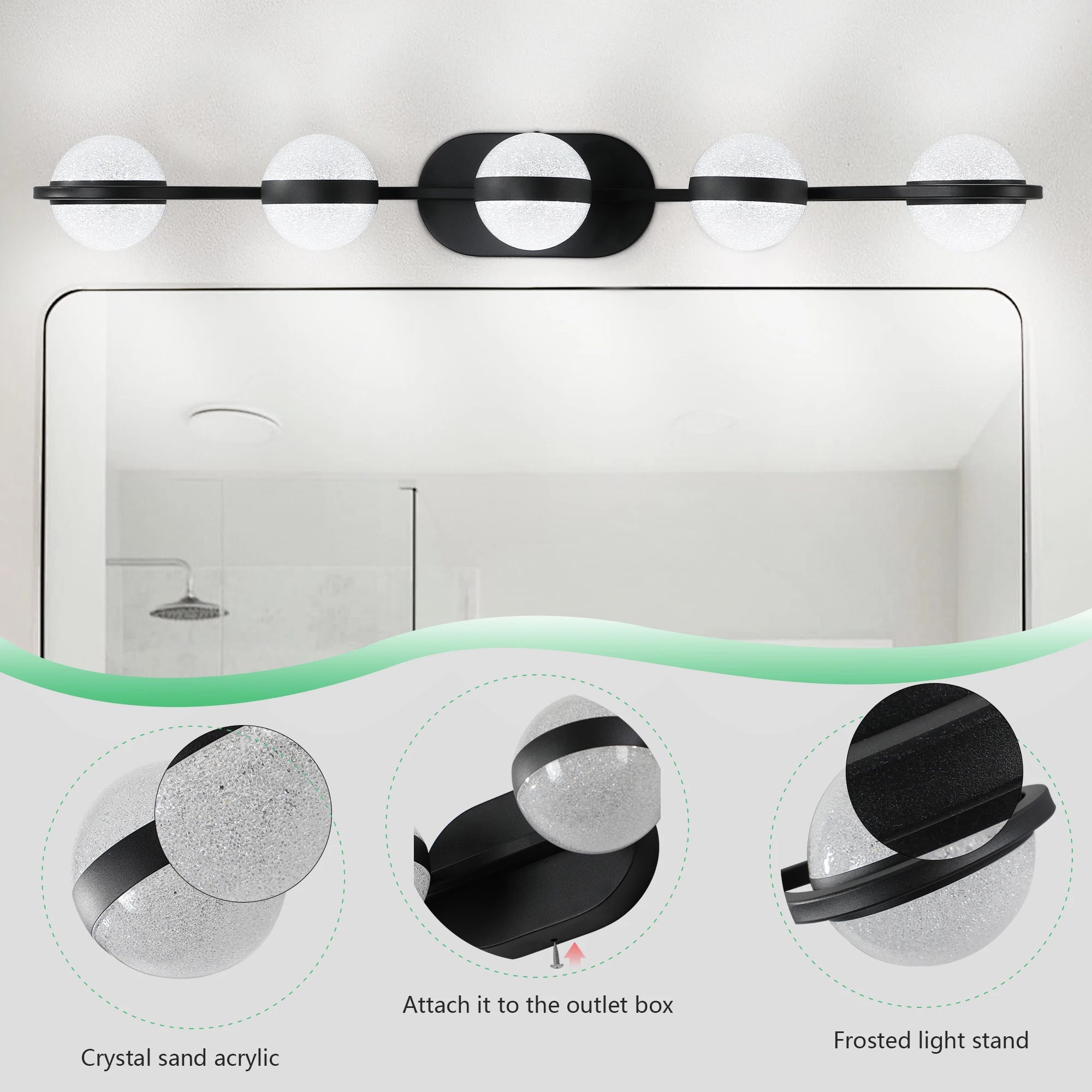 Modern Minimalist Bathroom Vanity Light – 5-Bulb LED Wall-Mounted Fixture with Frosted Glass Shades (Black Finish)