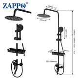 Zappo Matte Black 8-Inch Rainfall Shower Set – Wall-Mounted 3/4-Function System with ABS Shelf
