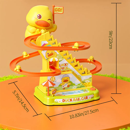 Duck Stairs Climbing Toy – Electric Track Slide with Flashing Lights & Music, Roller Coaster Duck Toy Gift for Kids & Toddlers